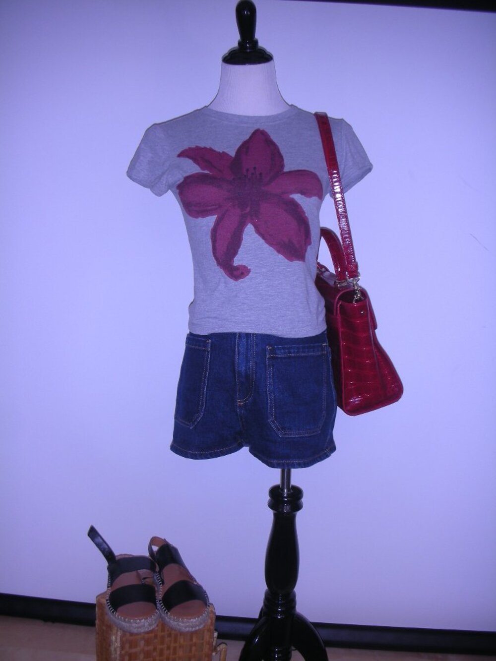 Motel Gray Floral Graphic Baby Tee Y2K‎ Fitted Cotton Top Small